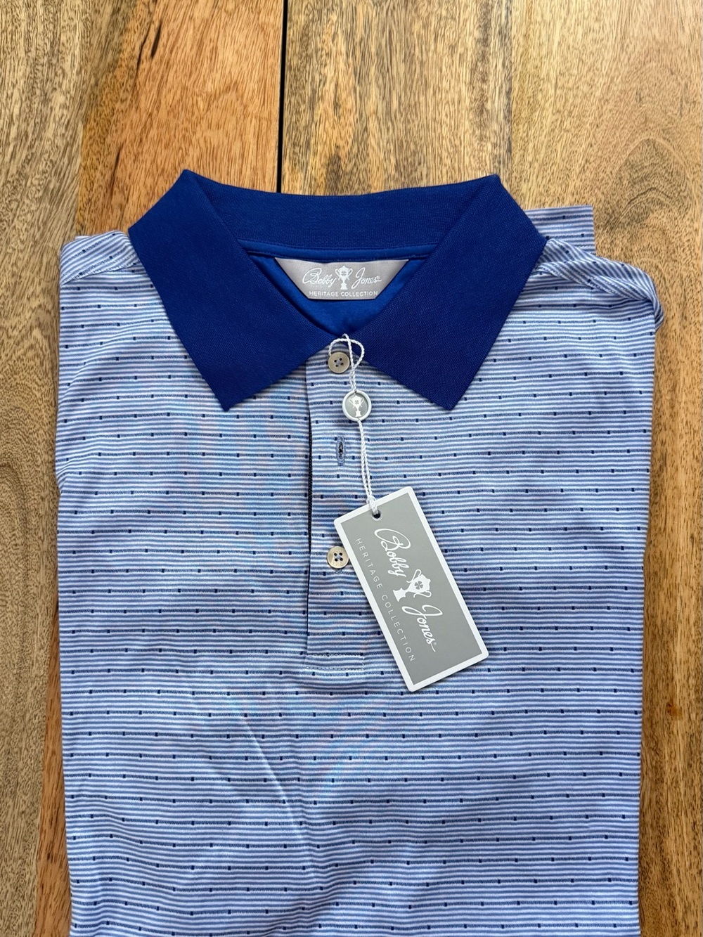 Bobby Jones Striped Light Blue Polo with Navy Collar